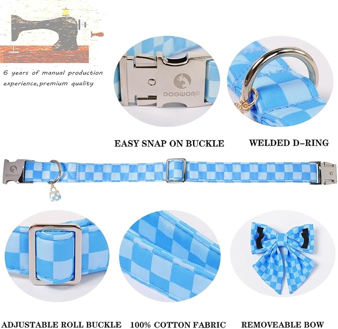 DOGWONG Blue Plaid Dog Collar with Bow - Adjustable and Comfortable Autumn Dog Collar Blue Checked Necklace for Large Medium Small Pet,M