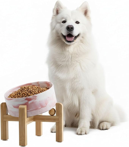 hjn Elevated Ceramic Dog Bowl 15°Slanted Raised Dog Bowl with Bamboo Stand for Small Medium Dogs and Cats, Pet Feeder -7.6-Cup (1800ml)-Marble Pink