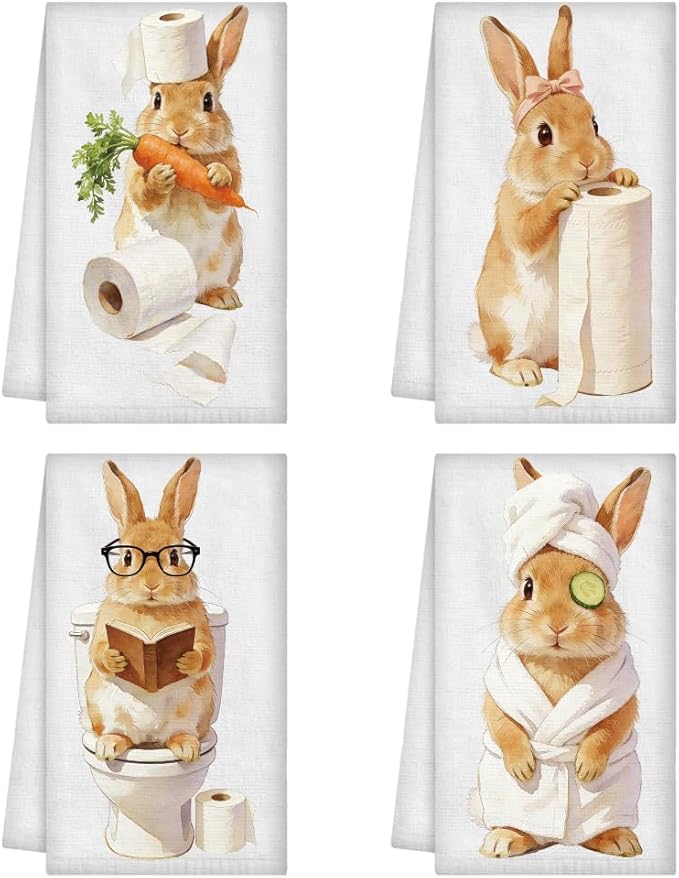 WADORN 4Pcs Funny Bunny Kitchen Hand Towels, Cute Rabbit Gifts Decorative Hand Towels for Bunny Lovers 24 x 16 Inch Microfiber Absorbent Soft Tea Dishcloths for Bathroom Washroom Toilet Restroom