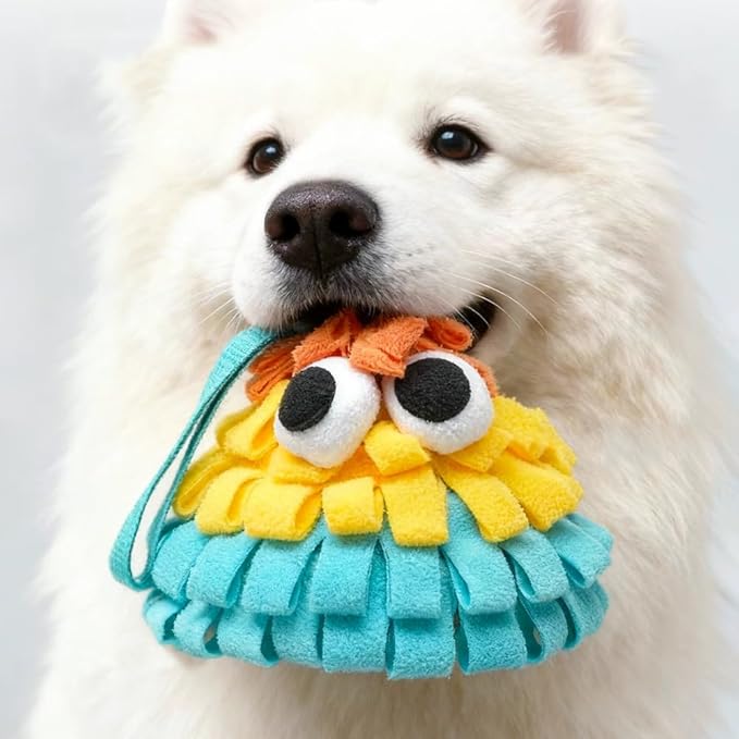 Squeaky Dog Snuffle Toy, Interactive Hide and Seek Food Puzzle for Boredom Relief, Slow Eating & Mental Enrichment, Monster Snuffle Ball for Small Dogs(Orange-Yellow-Blue)