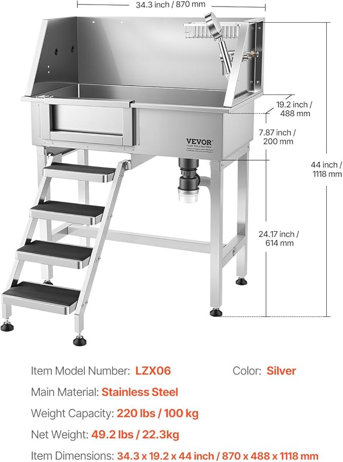 VEVOR 34" Dog Washing Station Professional Stainless Steel Pet Grooming Tub Bathtub Dog Wash Sink with Shower Faucet Soap Holder Non-Slip Stairs Easy-Clean for Small Dogs Cats Left Door