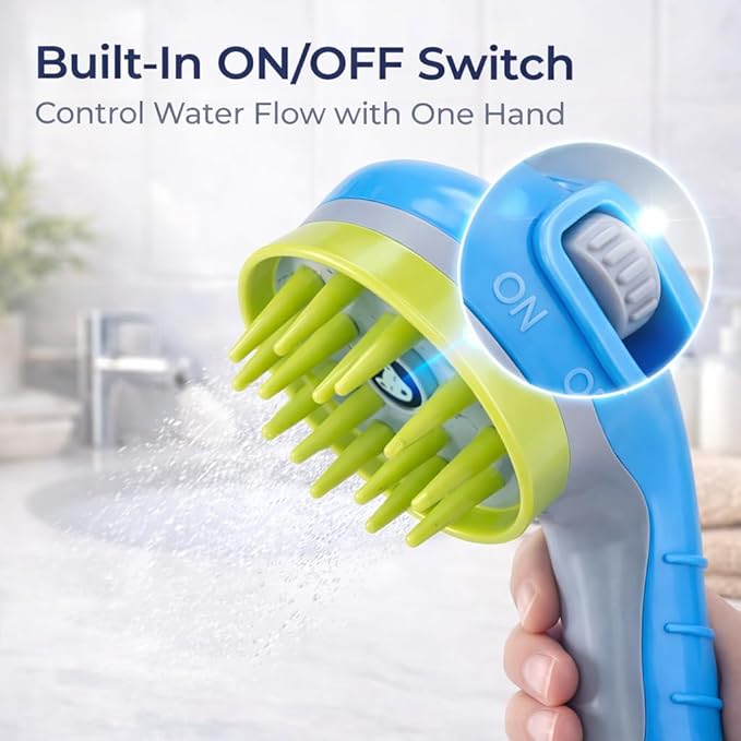 Pet Bathing Sprayer with Soft TPR Massage Brush, Dog Shower Sprayer Attachment with On/Off Switch, Handheld Pet Bath Shower Head with 78.7" Hose, Diverter Valve and Adapters for Dogs and Cats (White)