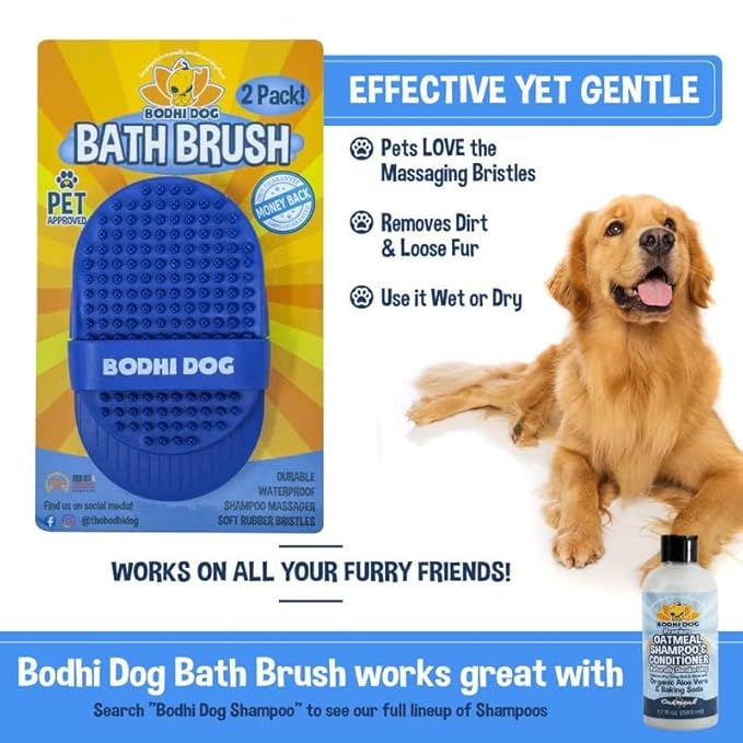 Bodhi Dog Shampoo Brush - Pet Grooming & Bath Supplies for Dogs and Cats - Bath Brush for Long & Short Hair - Premium Scrubber for Shower, Bathing & Massage (Two Pack, Blue)
