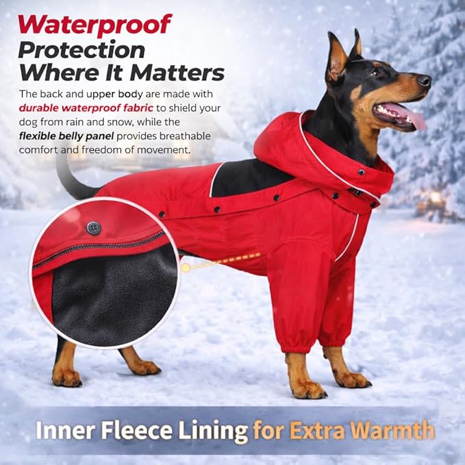 LOVELONGLONG Fleece-Lined Dog Raincoat with Removable Hood – Waterproof Winter Full Body Dog Jacket – Windproof Snowproof Cold-Weather Suit – Red-F M