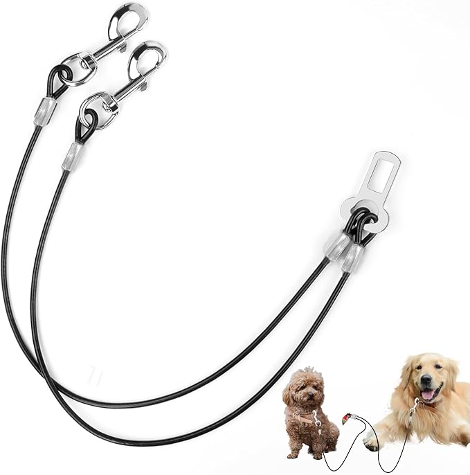 Dog Seat Belt Harness for Car,2pcs Dog Seatbelt of Coated Wire Leash Safety Restraint,No Chew Tether Cable Vehicle Dogs Accessories,Double Clips & Latch (2-in-1 Harness, 16 inch/40 CM)