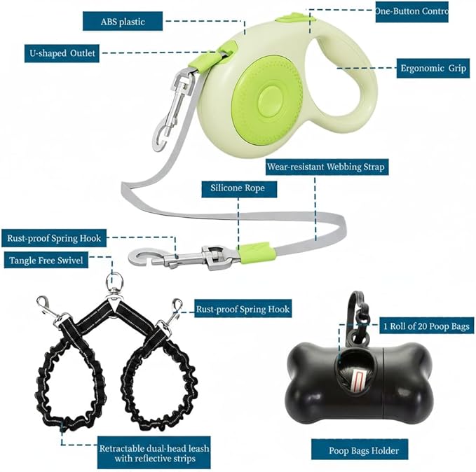 Small Breed Dual Retractable Dog Leash (Up to 44 Lbs Each) One-Button Break and Lock, Non-Slip Grip, Double-Headed, 16-Foot Extendable Pet Leash with Poop Bags, and 360° Tangle-Free (Green, Medium)
