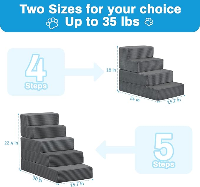 Dog Stairs for Small Dogs, 22" H Dog Steps for High Bed, 5 Steps 3 in 1 Foldable Pet Ramp for Large Cats Climb, Transformable Large Cats Ramp to Get on Couch, Non-Slip Balanced, Dark Grey