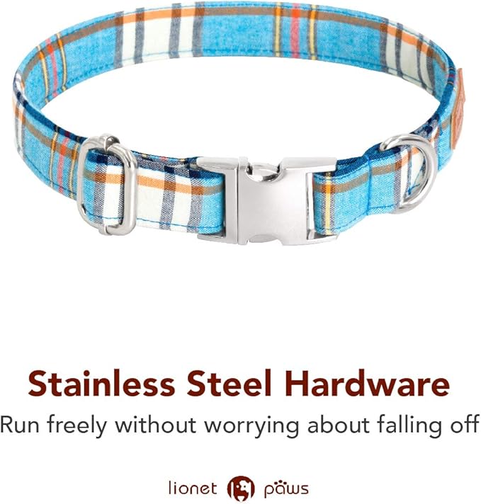 Lionet Paws Boy Dog Collar with Bowtie, Comfortable Adjustable Cute Blue Plaid Bow Tie Collar for Male Dogs Gift, Medium, Neck 13.5-22 inches