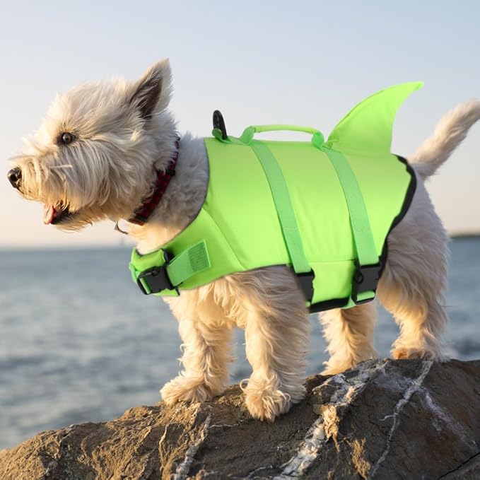 EMUST Shark Life Jackets for Dogs, Adjustable Ripstop Dog Life Vest for Water Safety pet Life Vest with Rescue Handle Safety Vest for Swimming Pool Beach Boating, (L,SolidGreen)
