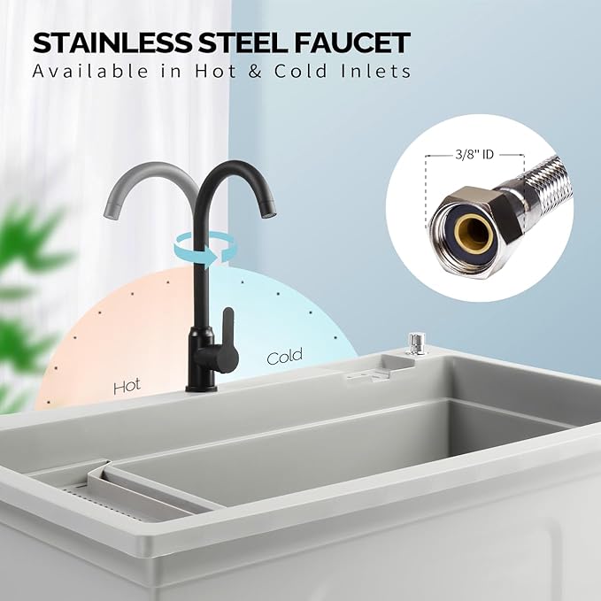 Bonnlo 37-Gallon Freestanding Utility Sink with Faucet, 36" Heightened Basin for Laundry, Garage, Outdoor Garden, Pet Wash, Heavy Duty Plastic Laundry Tub with Storage Shelf, 40"L×24"W×36"H (Gray)