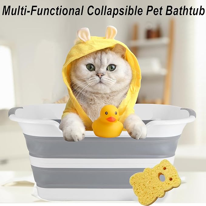 Multi-Functional Collapsible Dog Bathtub with Brush,Drainage Hole, 7.1 Gal/27L Portable Laundry Basket, Foldable Small Pets Bathtub, Bathing Tub for Puppy Small Dog Cat (Grey)