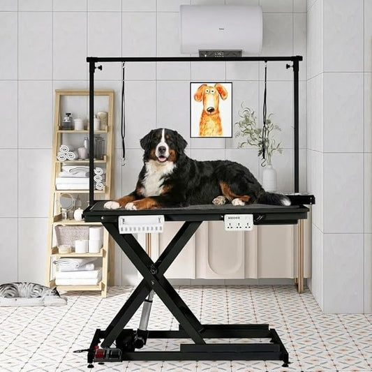 50" Heavy Duty Dog Grooming Table with Aluminium Overhead Arm,Electric Hydraulic Grooming Table with 6 USB Ports for Large Dogs 300 LBS Foot Control