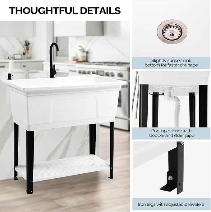 Bonnlo 37-Gallon Freestanding Utility Sink with Faucet, 36" Heightened Basin for Laundry, Garage, Outdoor Garden, Pet Wash, Heavy Duty Plastic Laundry Tub with Storage Shelf, 40"L×24"W×36"H (White)