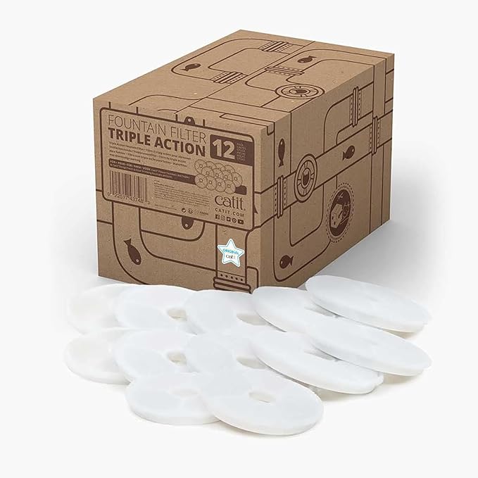 Catit Triple Action Replacement Original Water Fountain Filters, 12 Pack – Official Replacement Filters for Catit Cat Drinking Water Fountains