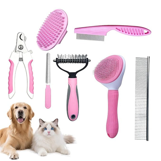 7PCS Dog Grooming Brush Kit for Shedding and Matted Fur, Self-Cleaning Slicker Brush with Undercoat Rake, Flea Comb for Long-Haired Pets, Pink