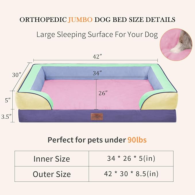 Comfort Expression Orthopedic Dog Bed for Extra Large Dogs 42x30 Inch, Waterproof Egg Crate Foam XL Pet Bed with Bolsters, Dog Couch with Washable Cover & Non-Slip Bottom, Frosted Grape