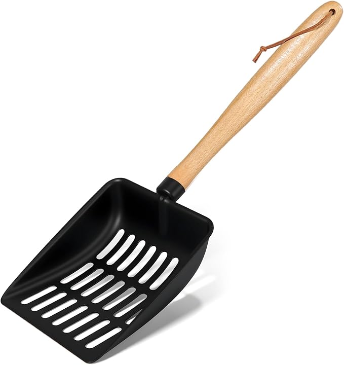 Cat Litter Scoop, Metal Litter Scoop, Heavy Duty Metal Cat Scooper for Litter Box, Black Sifter Scoop for Pellets, Wooden Handle Scoop with Hole, Kitty Necessity (Cat Litter Scoop Long)