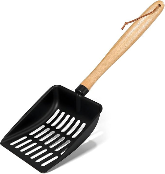 Cat Litter Scoop, Metal Litter Scoop, Heavy Duty Metal Cat Scooper for Litter Box, Black Sifter Scoop for Pellets, Wooden Handle Scoop with Hole, Kitty Necessity (Cat Litter Scoop Long)