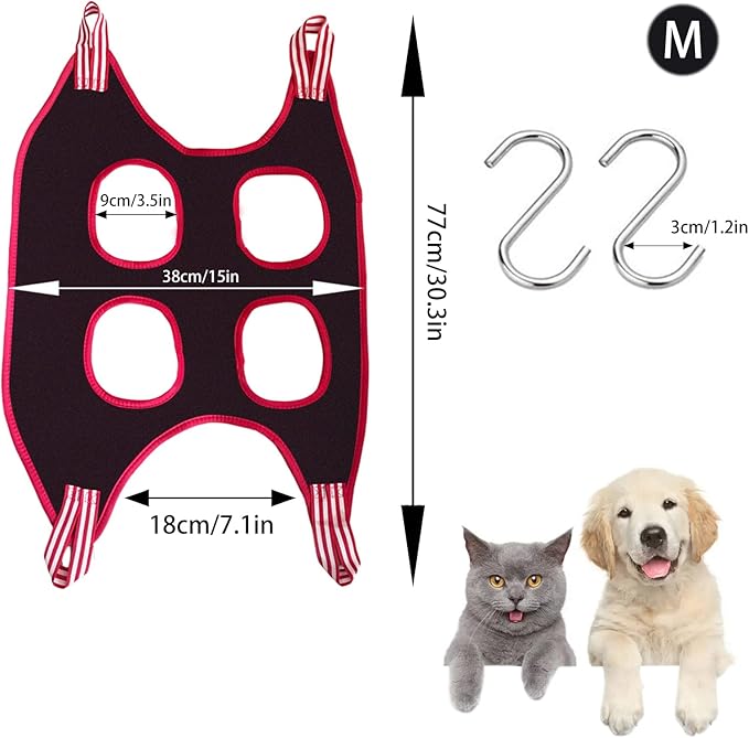 Dog Grooming Hammock Harness, Pet Hammock for Grooming with 2 S Hooks, Dog Sling Harness for Cats&Dogs Teeth Cleaning, Shower, Nail Clipping Small&Medium Breed (Black M)