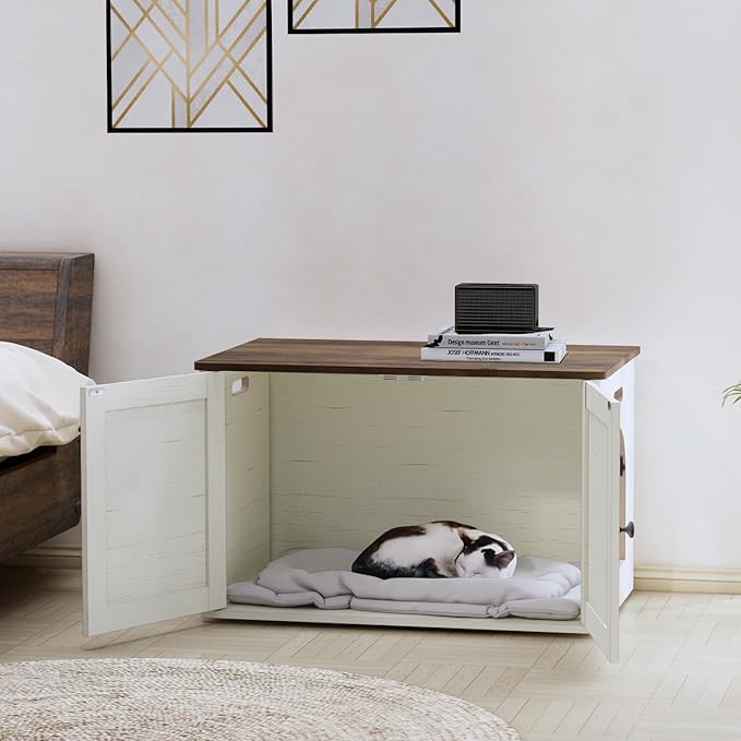 Timberer Cat Litter Box Enclosure, Litter Box Furniture Hidden with Removable Divider, Wooden Cat Washroom Furniture, Indoor Cat House, Rustic Brown and White