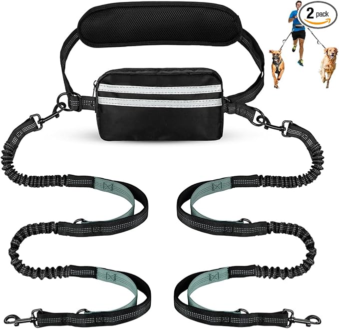 Hands Free Dog Leash, Double Dog Leash with Waist Bag, Double Padded Handles, Dog Walking Running Accessory, (Large, 26-120 lbs)