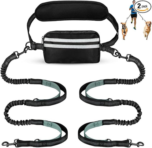 Hands Free Dog Leash, Double Dog Leash with Waist Bag, Double Padded Handles, Dog Walking Running Accessory, (Large, 26-120 lbs)