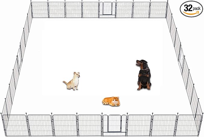 Dog Playpen,32/40/45 Inch Height in Heavy Duty, Folding Indoor Outdoor Anti-Rust Dog Exercise Fence, Portable Pet Playpen with Door for Large Medium Small Dogs and Pet (32 Panels, 32 Inch) Silver