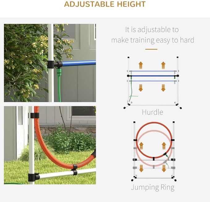 3 Piece Dog Agility Training Equipment Set with Adjustable Height Jumping Ring and Hurdle, Spray Water Tube, Carry Bag, Whistle, Dog Obstacle Course for Outdoor,Park,Backyard,Garden (White, 3 Piece)