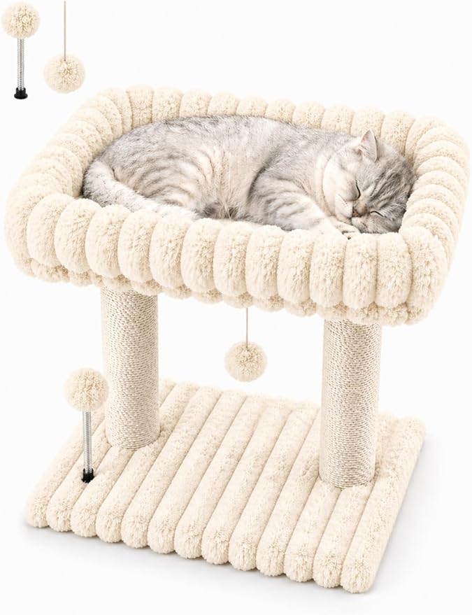 Cat Tree with Cat Scratching Post for Indoor Cats,Small Cat Tower with Soft Large Perch Bed Sisal Scratcher for Medium Cats and Kitten,Activity Play Centre Spring & Hanging Toy Balls,Beige
