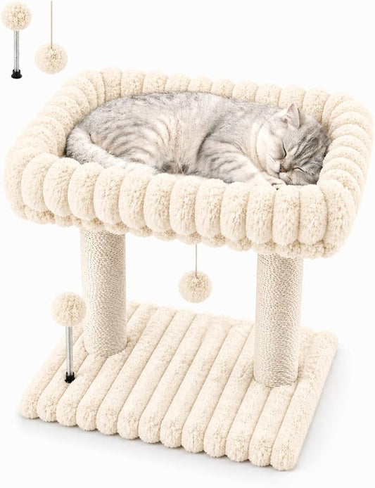 Cat Tree with Cat Scratching Post for Indoor Cats,Small Cat Tower with Soft Large Perch Bed Sisal Scratcher for Medium Cats and Kitten,Activity Play Centre Spring & Hanging Toy Balls,Beige