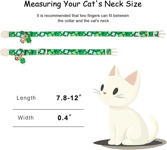 2 Pack St. Patrick’s Day Cat Collars - Breakaway Cat Collar with Bell, Lucky Clover Pendant, Adjustable Cute Green Bold Shamrock Kitten Collars for Boy Girl Cats
