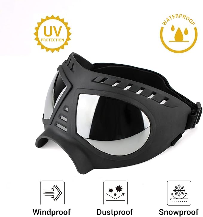 Large Dog Goggles, Windproof Snowproof Anti-UV Dog Sunglasses for Medium to Large Breed Eye Protection, Soft Frame with Adjustable Straps, Black