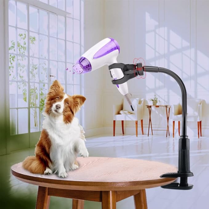 Pssopp Hair Dryer Holder, 360 Degrees Rotatable Hands Hair Dryer Stand Aluminum Alloy Pet Dog Cat Grooming Table Hair Dryer Clip Holder with Clamp Mount