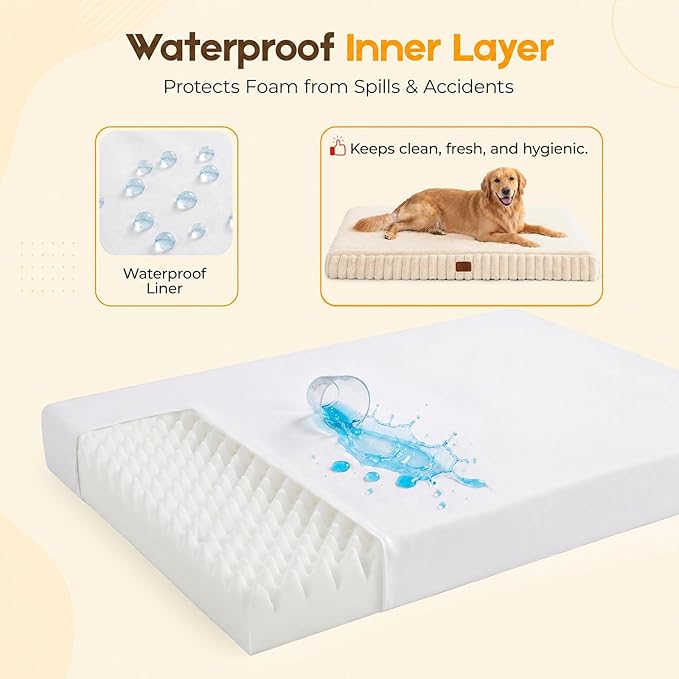 Orthopedic Dog Bed for Medium Dog, Waterproof Pet Bed,Non-Slip Bottom and Egg-Crate Foam with Removable Washable Cover Crate Bed,Cream,30"x20"x3"