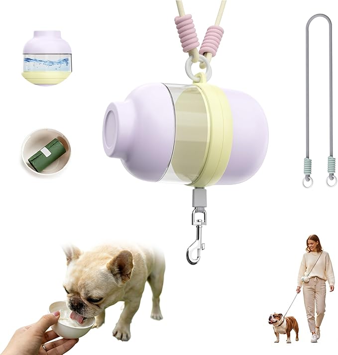 3 in 1 Dog Water Bottle with Crossbody Strap & Retractable Leash, Portable Dog Travel Water Bottle with Treat & Poop Bag Dispenser for Small Dogs Walking Hiking(Pale Purple)