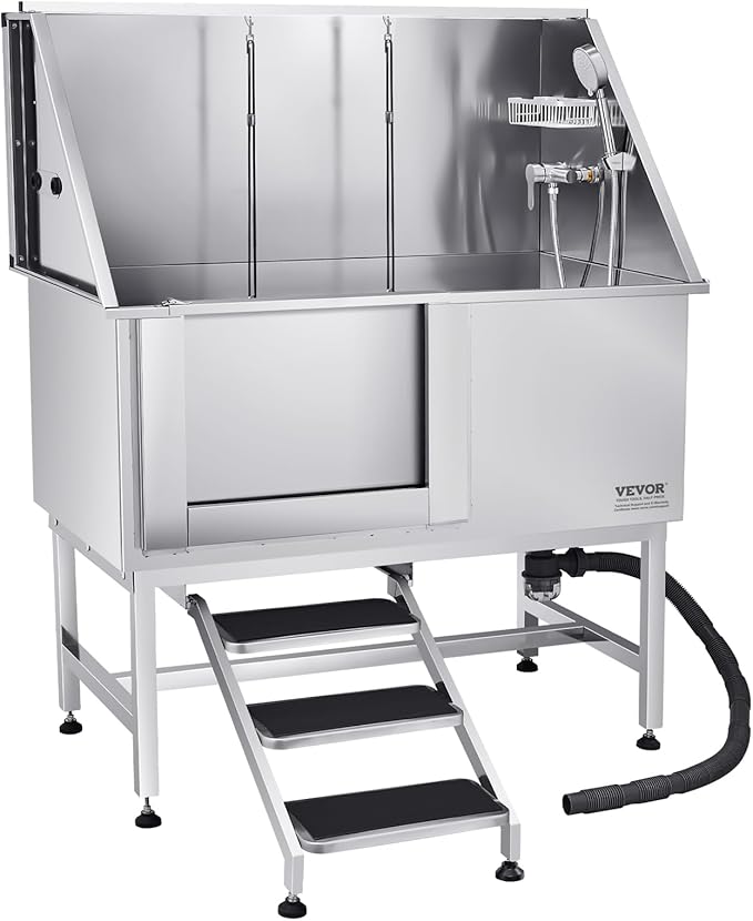 VEVOR Stainless Steel Dog Washing Station, Professional 50 inch Pet Grooming Tub w/Stairs, PE Water Filter Board, Faucet & Showerhead & Soap Holder Bathtub for Large & Medium & Small Pets (Left Door)