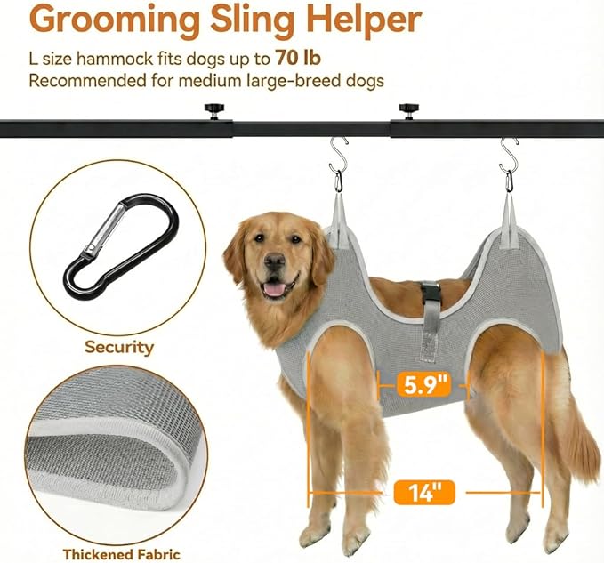Dog Grooming Arm for Table, L Size, Adjustable 42" Height & 31"–43" Width, H-Shape Stable Grooming Stand, Clamp Fits up to 2.76", with Hammock & 2 Nooses for Home Grooming & Nail Trimming