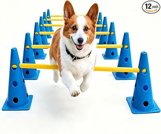 12 Sets Dog Agility Hurdle Cone Set, 3 Height Adjustable Backyard Agility Course Equipment for Beginners, Puppies & Dog Rehabilitation Training（Blue）