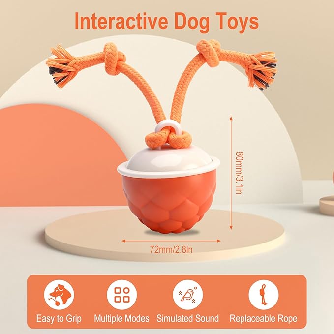Interactive Dog Toys-Automatic Moving Dog Toy for Boredom, Squeaky Smart Motion Pet Ball for Small Medium Large Dogs, Rope Chew for Teeth Cleaning, Outdoor Waterproof (Red)