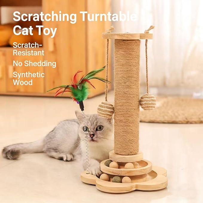 Cat Scratching Post, cat scratchers for Indoor Cats Natural Sisal Scratcher with 2-Level Trackball & 2 Hanging Balls, Sturdy cat Scratching Post 4-in-1 Interactive Kitten Toy for Indoor Cats