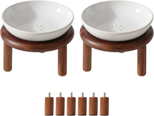 Havniva Elevated Cat Bowls Raised Ceramic Cat Bowl, 5.9” Wide Opening Cat Food Bowl Whisker Friendly Cat Dish Anti-Slip with Wood Stand, Shallow Pet Food & Water Bowl for Indoor Cats
