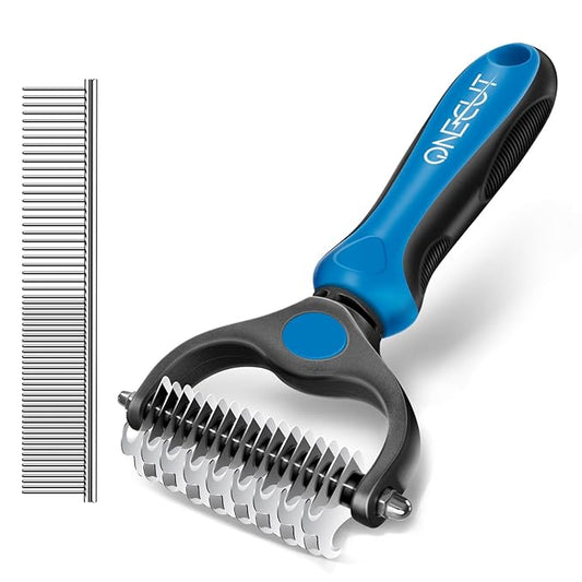Pet Grooming Brush and Metal Comb Combo, Pet Grooming Rake and Brushes for Small, Medium & Large Dogs Double Sided Deshedding Tool Removes Knots and Tangled Hair (Blue)