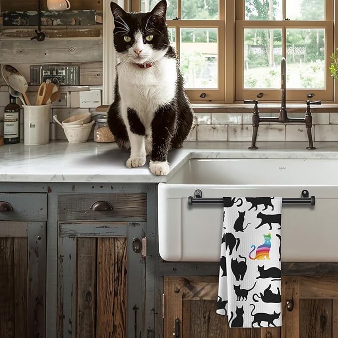 Funny Kitchen Towels - Rainbow Prismatic Feline Centerpiece Among Midnight Cat Flock, Empowering Decorative Hand Towel for Unique Cat Ladies & Nonconformist Pet Moms | Quick-Dry Novelty Dish Cloth
