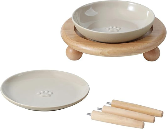 Havniva Cat Bowls Elevated 5.6” Ceramic Cat Bowl with Stand Whisker Friendly Shallow Cat Dishes, Cat Food & Water Bowl Set with Two Heights Options, Anti-Slip Raised Cat Food Bowl for Kitten