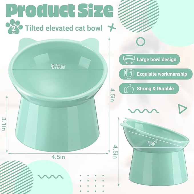 Zhehao 2 Pcs Elevated Cat Bowl Set, Tilted 15° Plastic Raised Food and Water Bowls Anti Vomit Pet Feeding Dishes for Indoor Cats/Small Dogs(Cat Ears,Green)