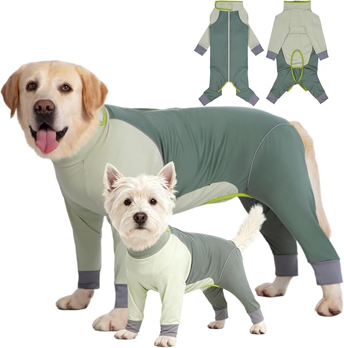 Dog Onesie Coat - Water-Repellent & Stretchable, Dirt-Resistant Outdoor Puppy Suit with Reflective Strips | Controls Shedding | for Small, Medium, Large Dogs (Olive Green, XL(Weight 13-22 lbs))