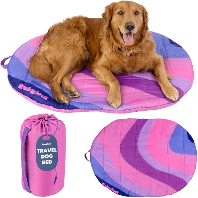 Travel Dog Bed (42" x 30") – Foldable & Packable for Travel, Road Trip, Camping – Lightweight, Water Resistant & Cozy Soft Padding – Compact, Portable & Machine Washable – Medium & Large Breeds: Pink