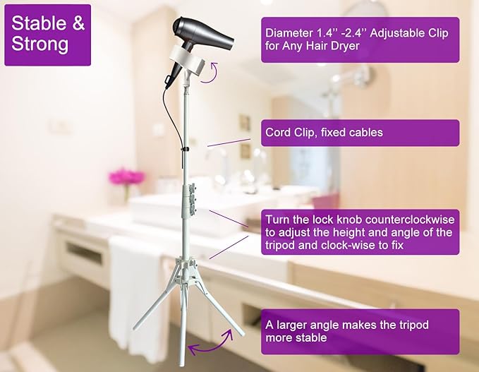 Purple River Hair Dryer Stand 20" to 63" Adjustable Blow Dryer Holder with Tripod and Universal Clip, Easy to Use, Hands Free Relieve Wrist Pain, Shoulder Periarthritis etc (White)