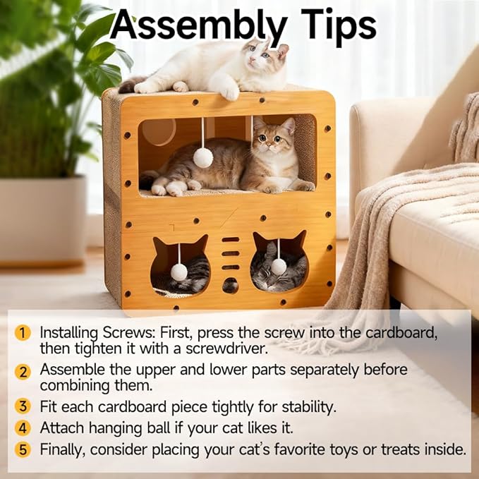 Breathable Cardboard Cat Scratcher House,Cat House for Indoor Cats,Wooden Cats Beds Condos，Bedsure Kitten Cave Furniture，Cute Playhouse Box，Large Size，Suitable for Cats up to 15 lbs