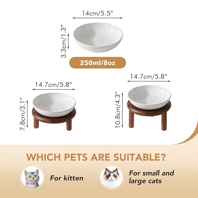 Havniva Elevated Cat Bowls Raised Ceramic Cat Bowl, 5.9” Wide Opening Cat Food Bowl Whisker Friendly Cat Dish Anti-Slip with Wood Stand, Shallow Pet Food & Water Bowl for Indoor Cats